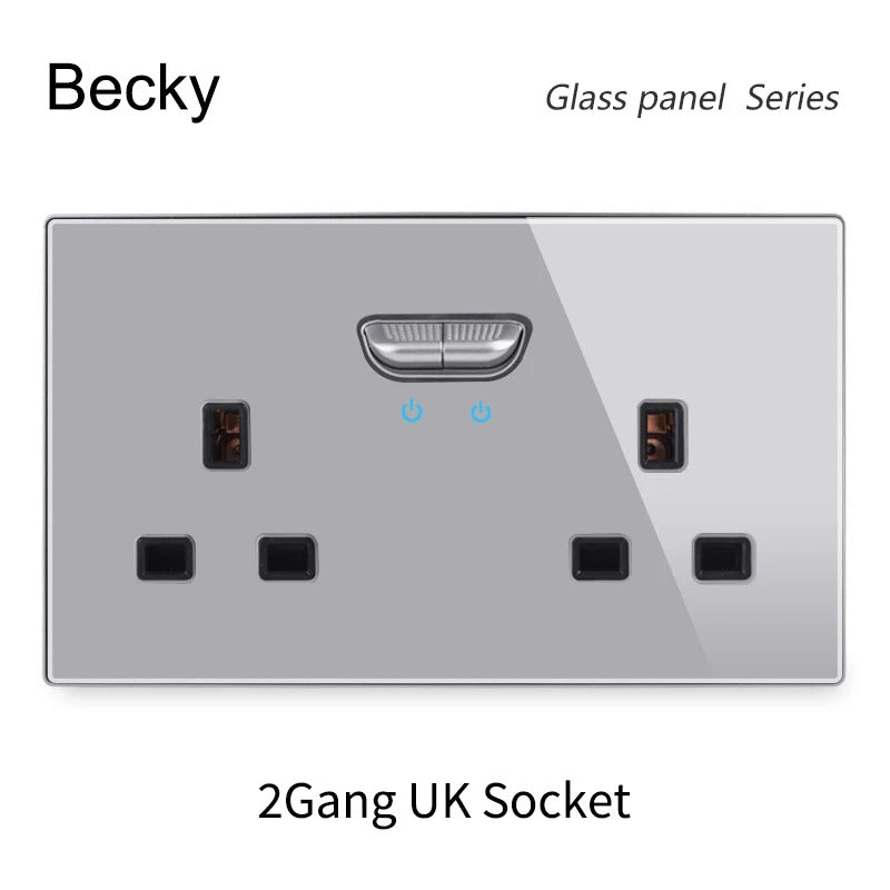 13A UK Double Socket Switch – Tempered Glass Panel
