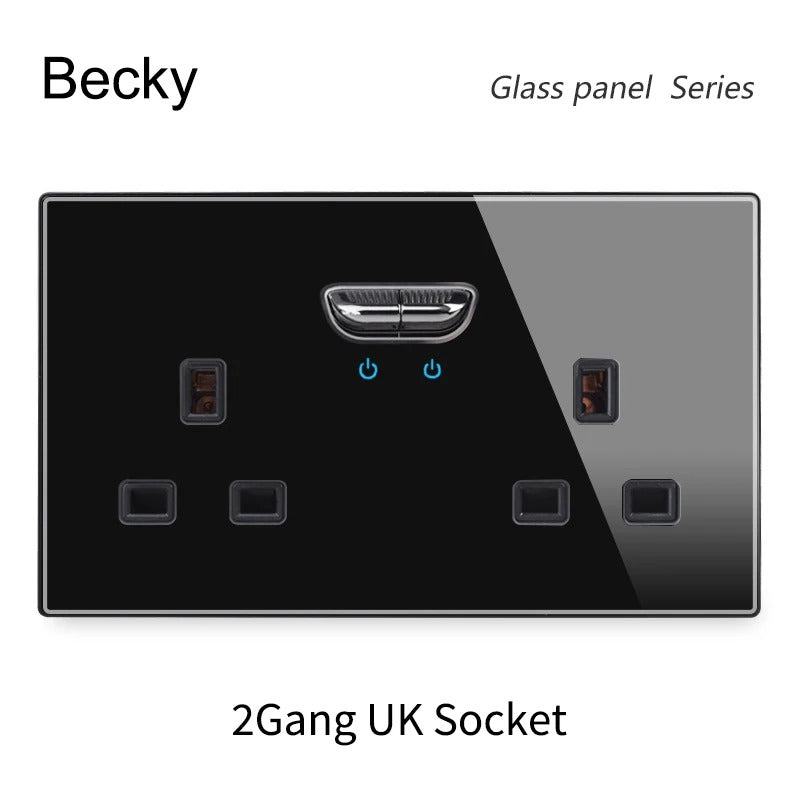 13A UK Double Socket Switch – Tempered Glass Panel