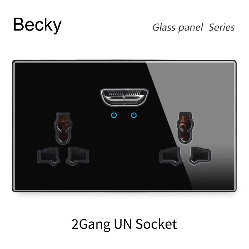 13A UK Double Socket Switch – Tempered Glass Panel