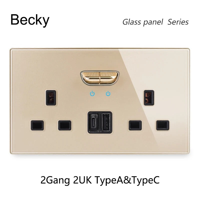 13A UK Double Socket Switch – Tempered Glass Panel