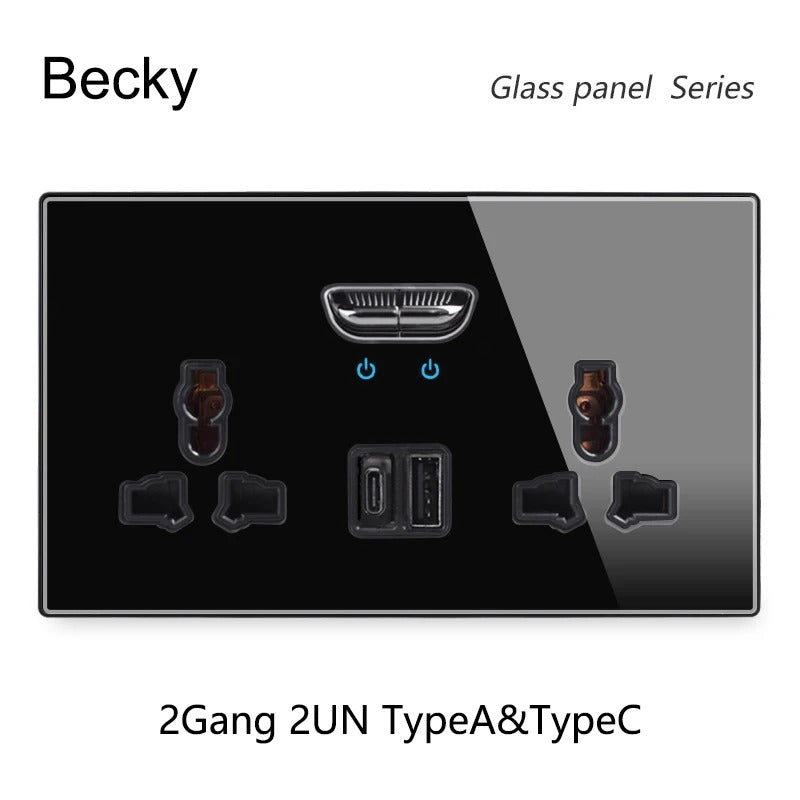 13A UK Double Socket Switch – Tempered Glass Panel