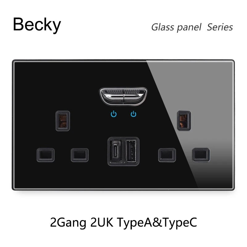 13A UK Double Socket Switch – Tempered Glass Panel