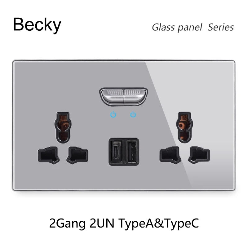 13A UK Double Socket Switch – Tempered Glass Panel