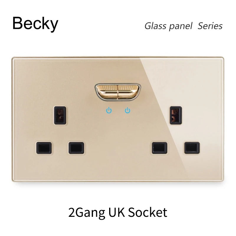 13A UK Double Socket Switch – Tempered Glass Panel