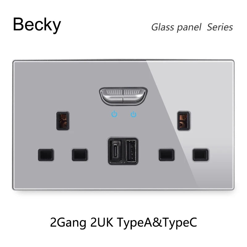 13A UK Double Socket Switch – Tempered Glass Panel