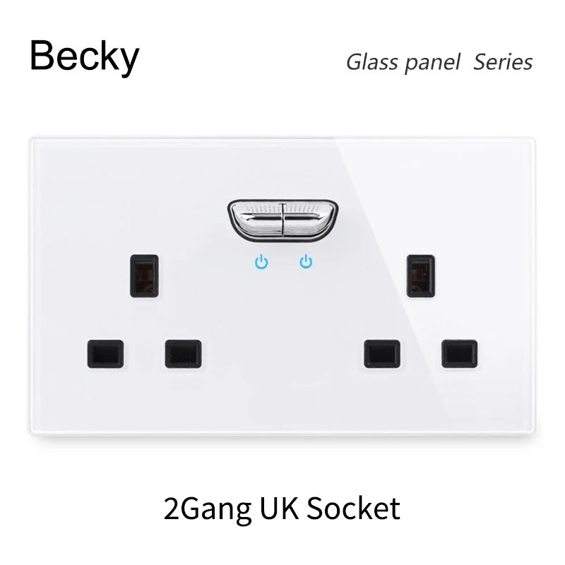 13A UK Double Socket Switch – Tempered Glass Panel