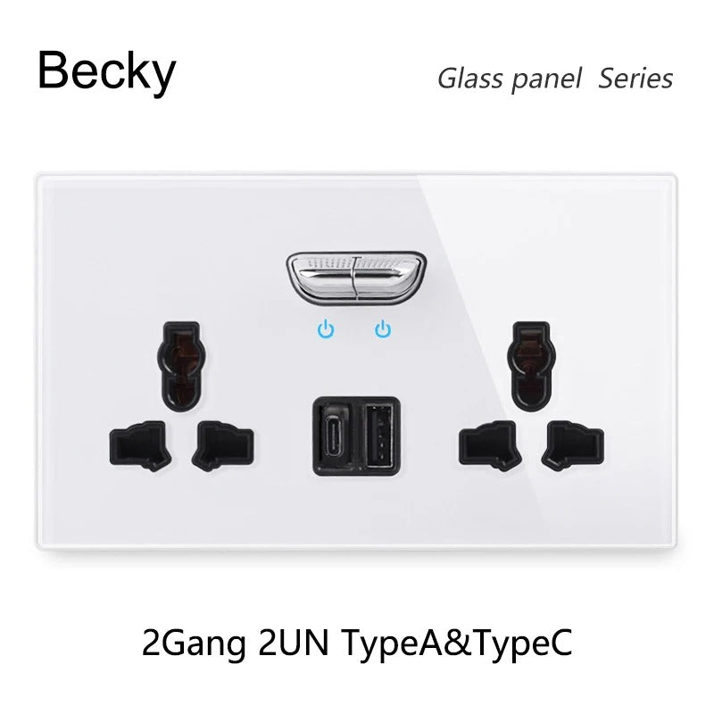 13A UK Double Socket Switch – Tempered Glass Panel