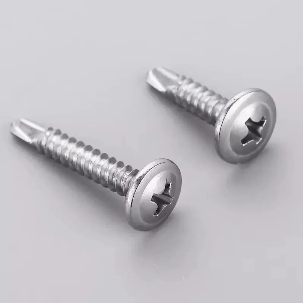 50PCS Stainless Steel Self Tapping Screws Round Washer Cross Phillips Self Drilling Screws Flat Head High-Strength Fasteners