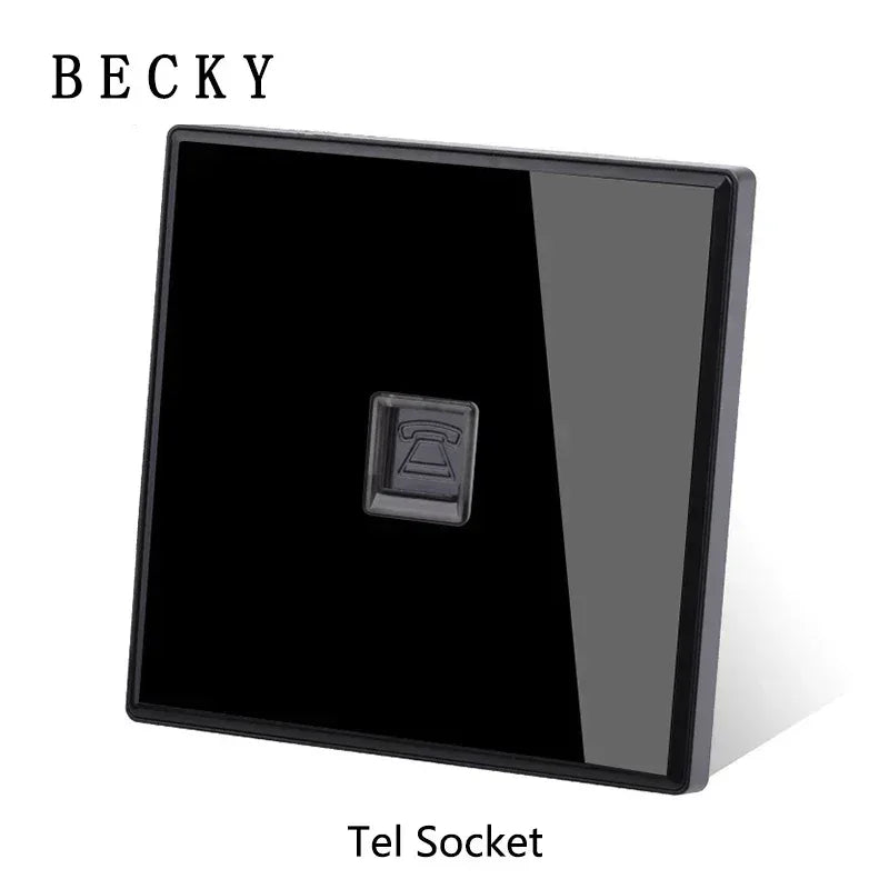 Black Glass Wall Switch & Socket Panel – EU/UK Standard with USB, TV/SAT/Network Ports, Modern Sliding Design
