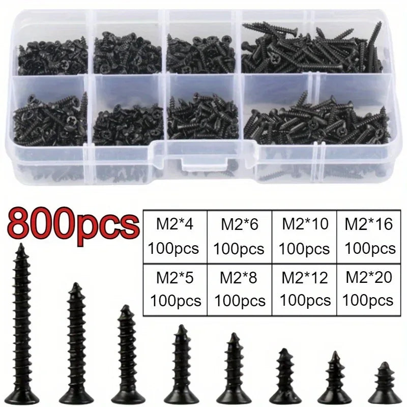 800-piece M2 self-tapping screw set in various sizes and styles -  appliance assembly including convenient storage boxes