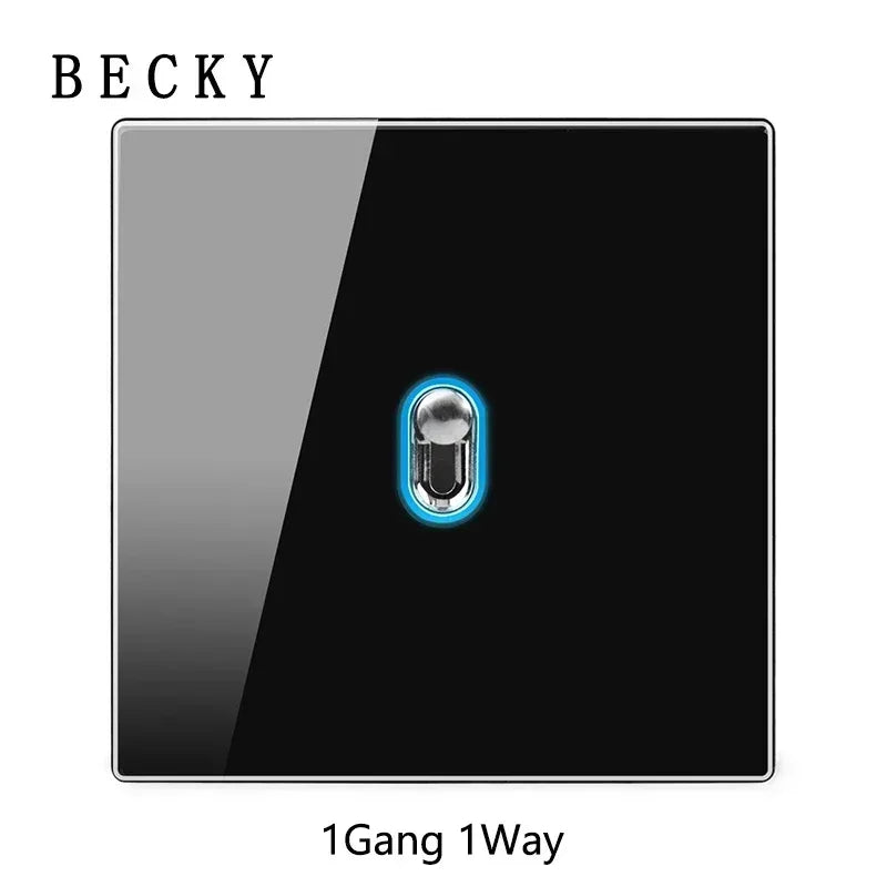 Black Glass Wall Switch & Socket Panel – EU/UK Standard with USB, TV/SAT/Network Ports, Modern Sliding Design