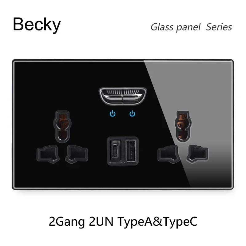Black Tempered Glass Wall Switch Panel Led European 16a Socket Retro Toggle Light Switch Eu Uk Standard 2usb Socket 1Gang-4gang