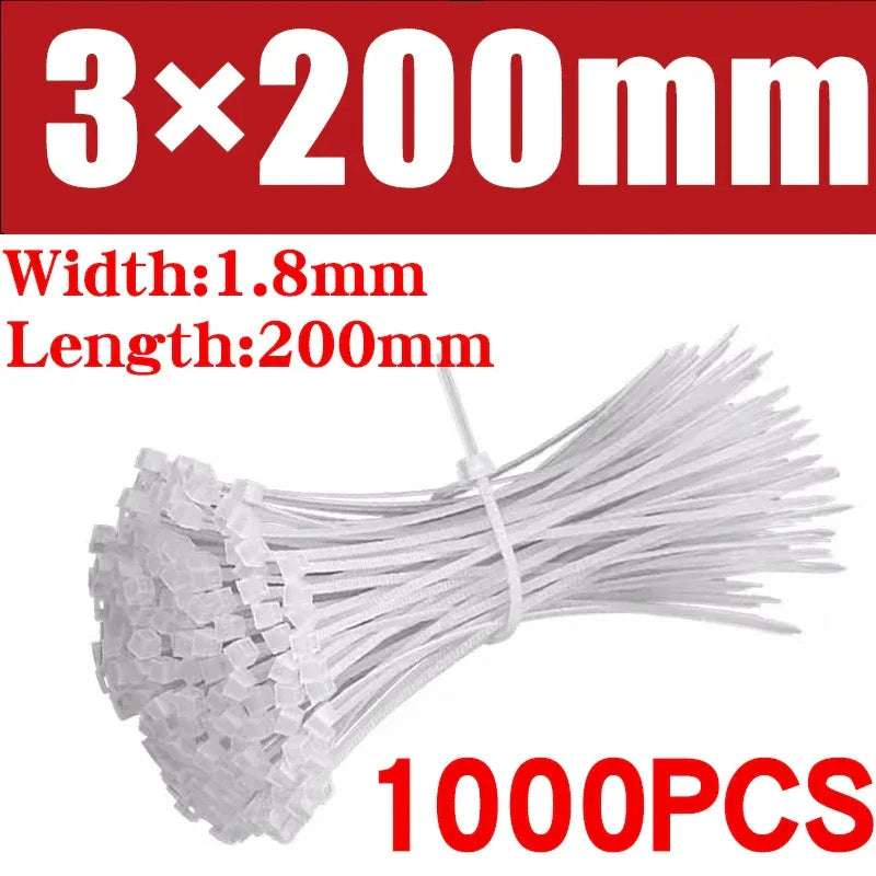 500/1000PCS/bag Self-locking Plastic Nylon Tie White Zip Wraps Strap Nylon Cable Tie Set Fastening Ring Loop Wire Wrap