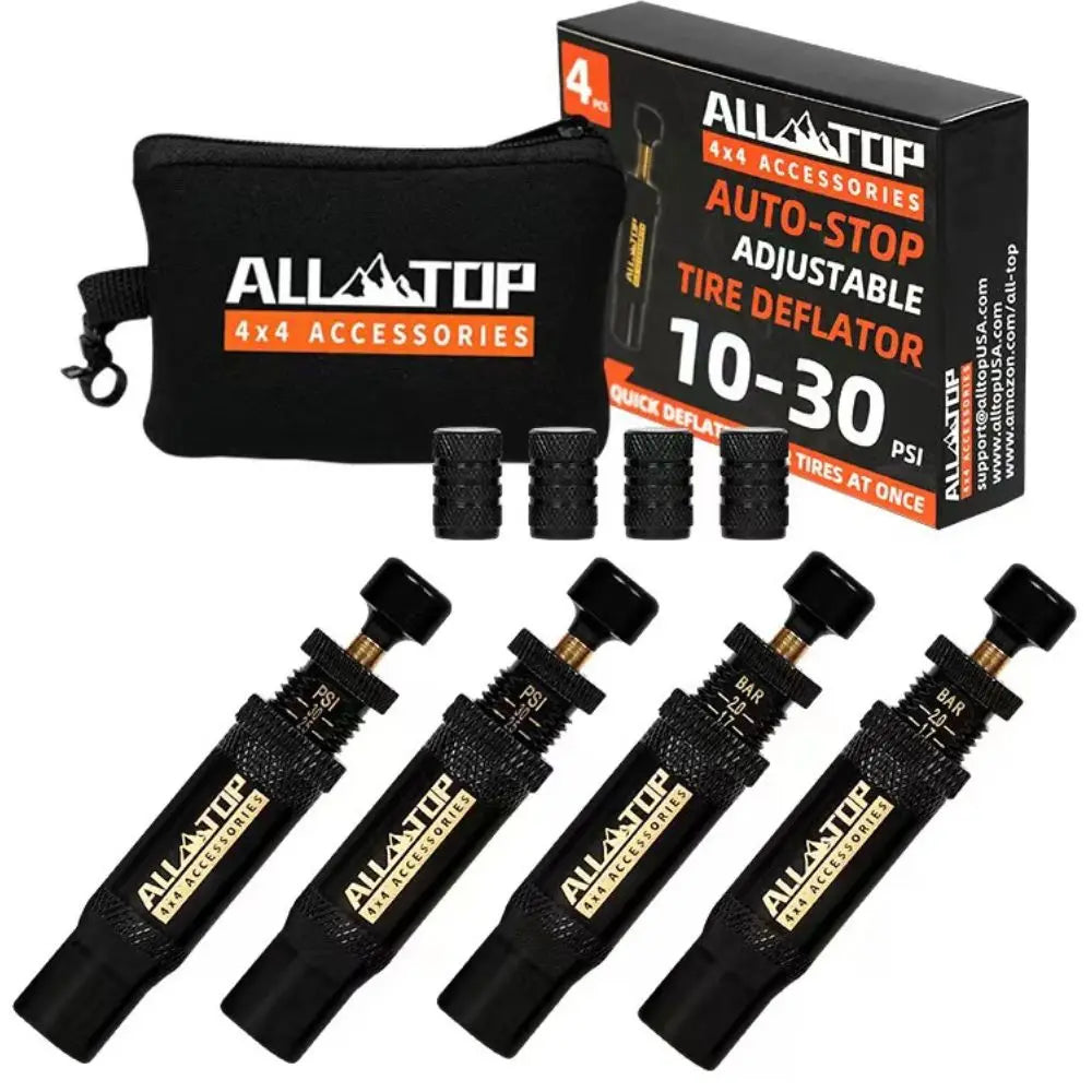 (10-30 PSI) 4 PCS Adjustable Auto-Stop Tire Deflator Valve Kit  4x4 Screw-on Tyre Air Down Tool for Vehicles Motorcycle Offroad