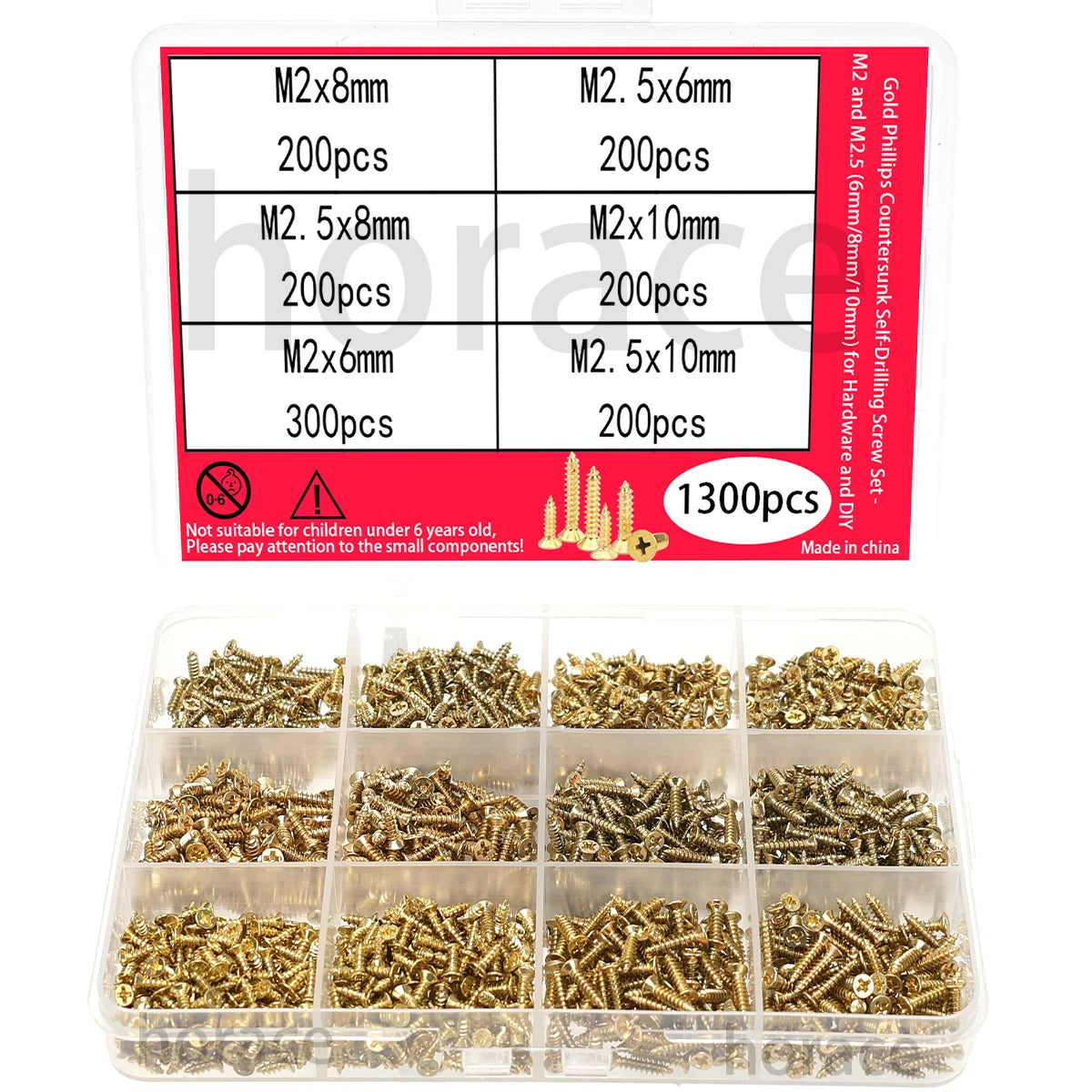 1300pcs-plated Phillips head countersunk self-drilling screws, M2/M2.5 (6mm/8mm/10mm) sizes, suitable for hardware/DIY projects