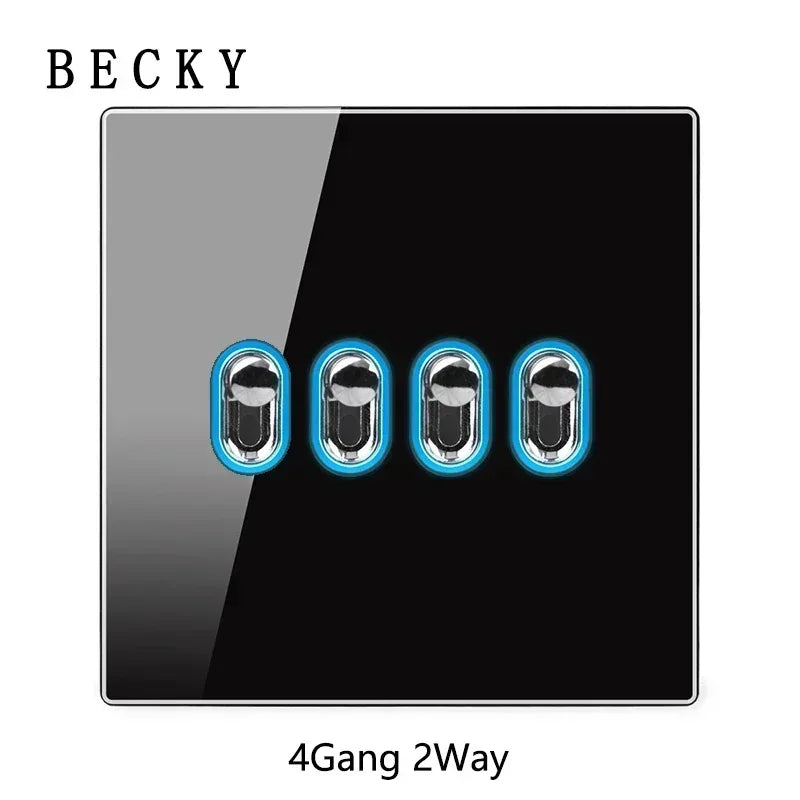 Black Glass Wall Switch & Socket Panel – EU/UK Standard with USB, TV/SAT/Network Ports, Modern Sliding Design