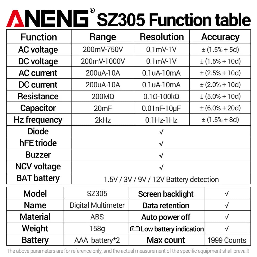 ANENG SZ305 Digital Multimeter Professional AC/DC Voltage Ammeter Capacitor hFE Triode NCV Voltage Induction Electrician Tester
