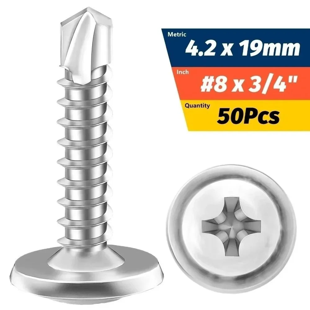 50PCS Stainless Steel Self Tapping Screws Round Washer Cross Phillips Self Drilling Screws Flat Head High-Strength Fasteners