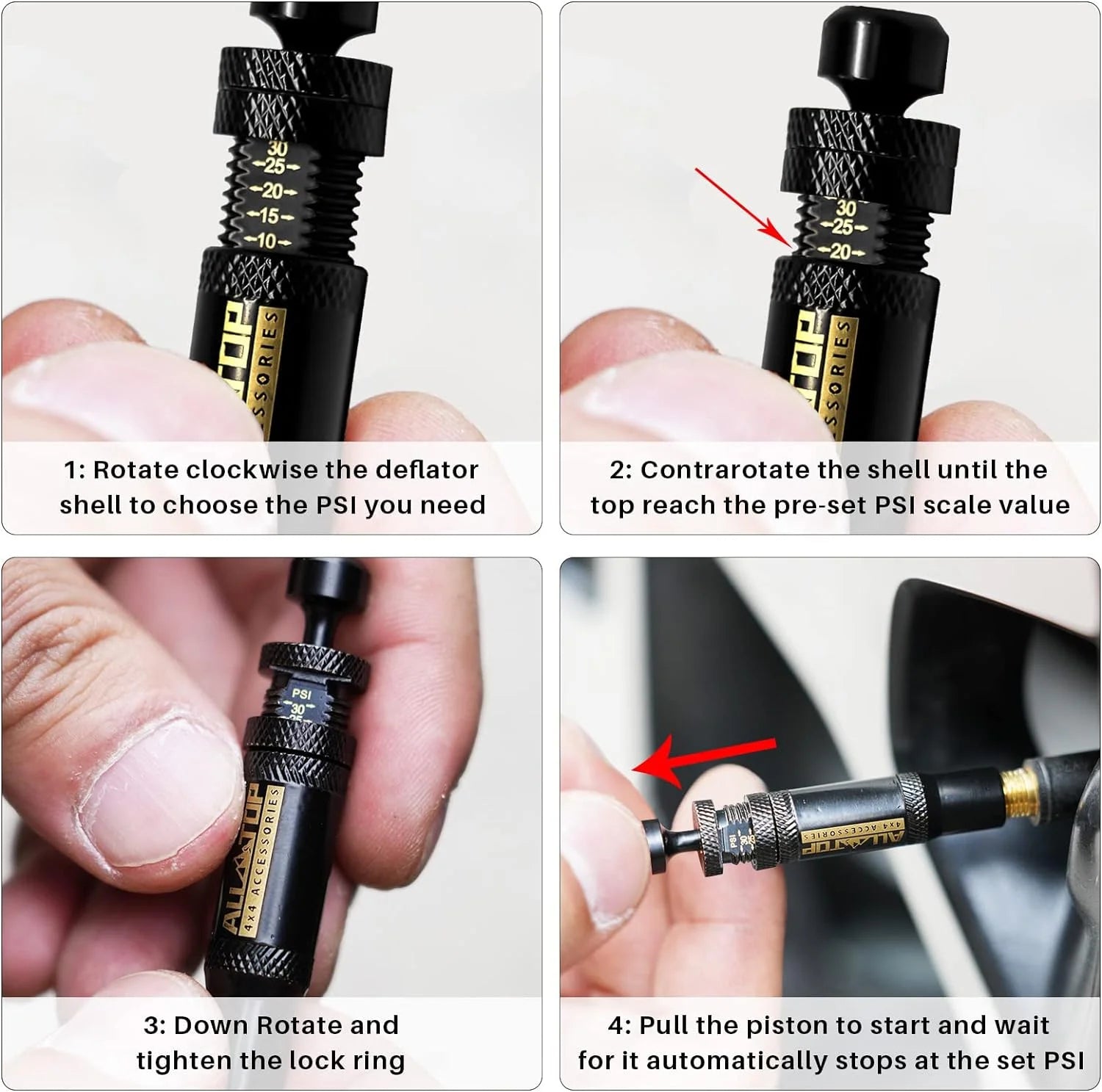 (10-30 PSI) 4 PCS Adjustable Auto-Stop Tire Deflator Valve Kit  4x4 Screw-on Tyre Air Down Tool for Vehicles Motorcycle Offroad