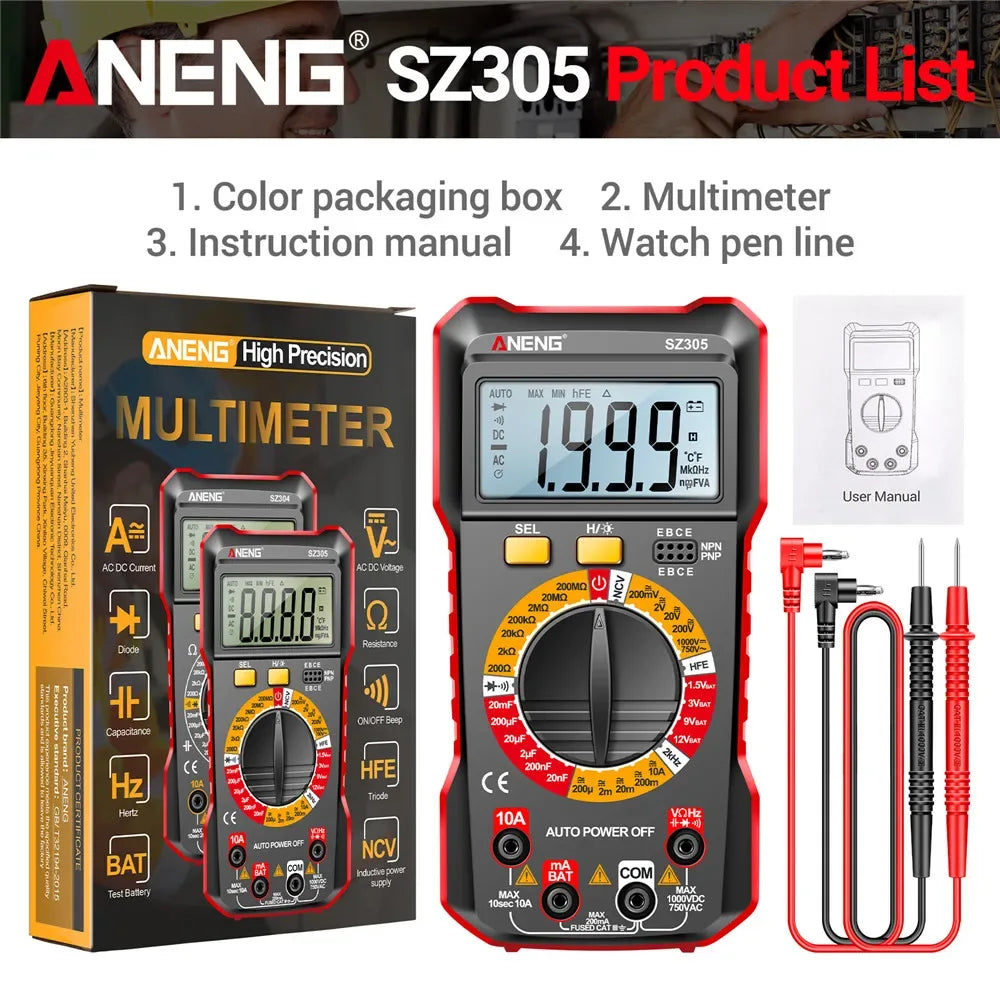 ANENG SZ305 Digital Multimeter Professional AC/DC Voltage Ammeter Capacitor hFE Triode NCV Voltage Induction Electrician Tester