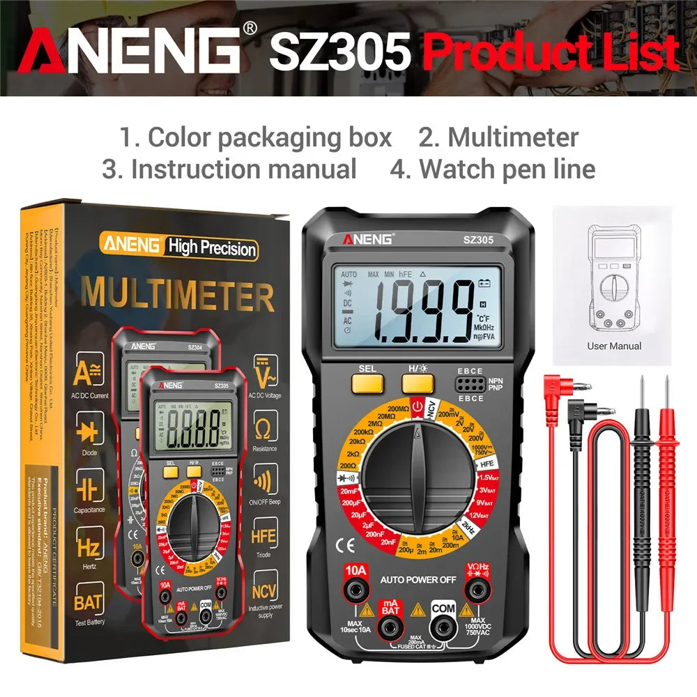 ANENG SZ305 Digital Multimeter Professional AC/DC Voltage Ammeter Capacitor hFE Triode NCV Voltage Induction Electrician Tester