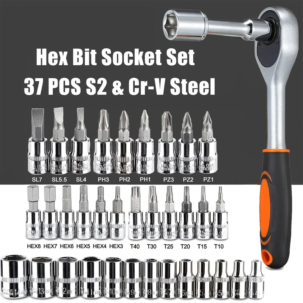 46Pcs Family Tools 1/4 Set Mechanic Tool Kits for Auto Repair Hous with Sockets Metric Hex Bit Socket Set inch Ratchet Wrench