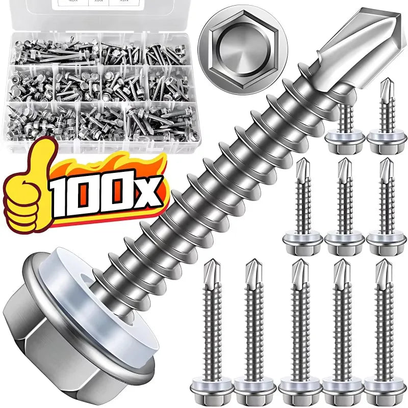 100P#8 M4.2 Self Tapping Sheet Metal Screws 410 Stainless Steel Hex Washer Head High-Strength Quick Tapping Screws Lath to Metal