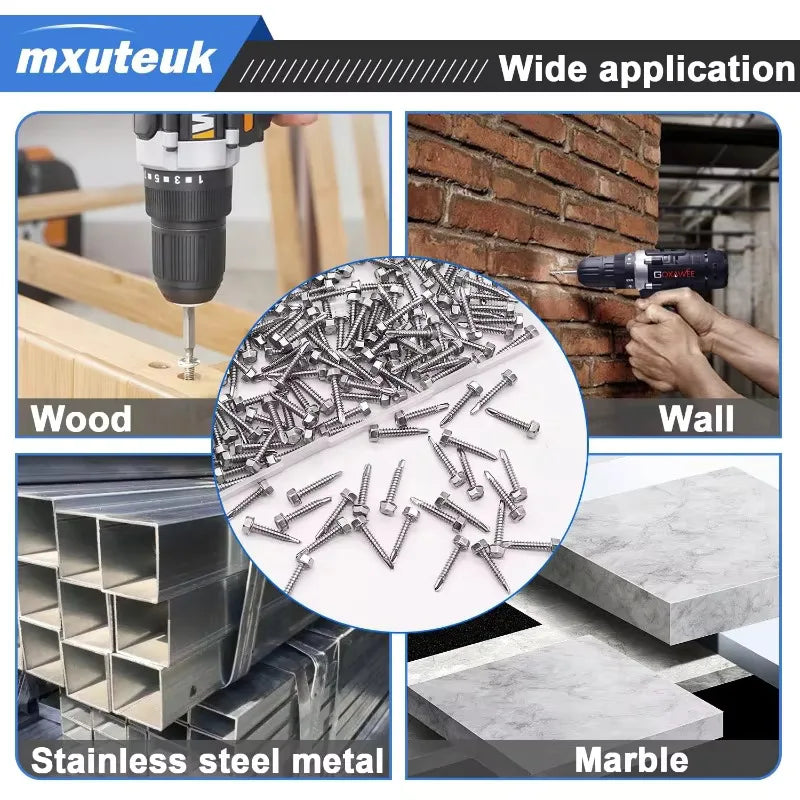 100P#8 M4.2 Self Tapping Sheet Metal Screws 410 Stainless Steel Hex Washer Head High-Strength Quick Tapping Screws Lath to Metal