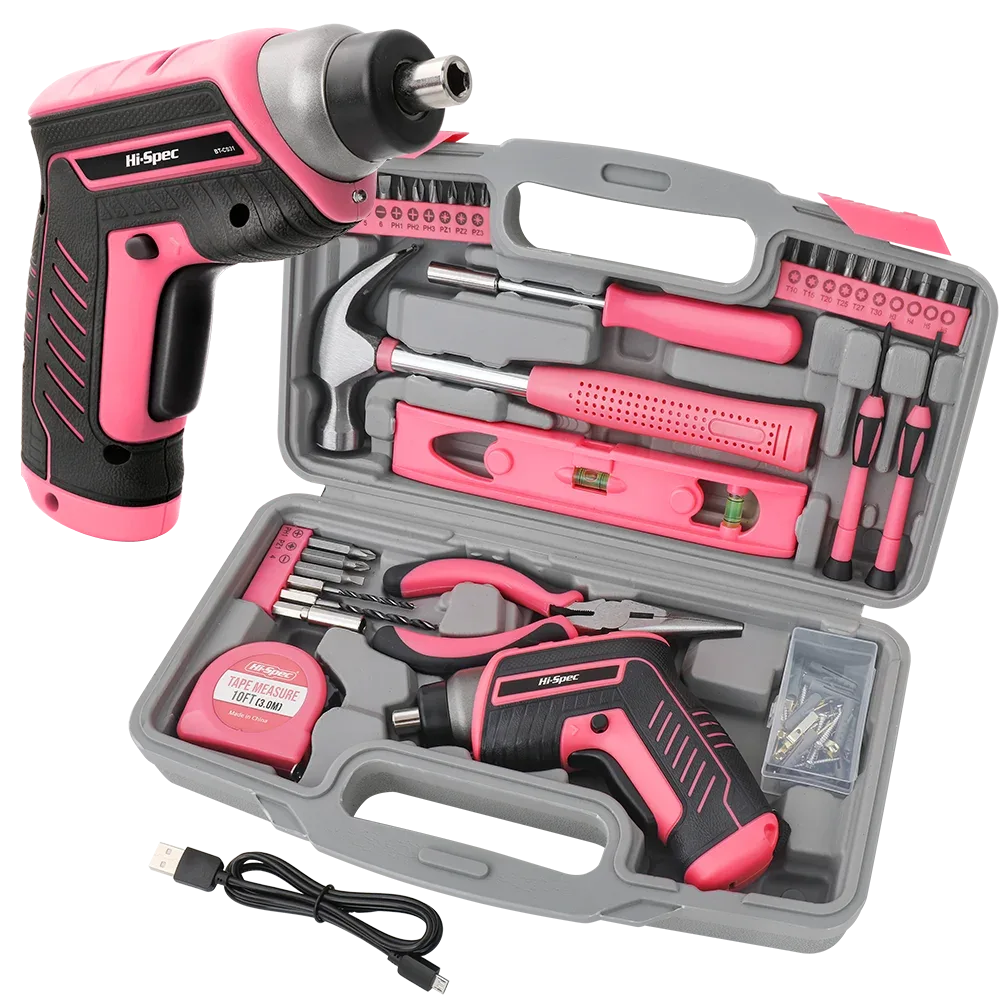 Hi-Spec Pink Electric Screwdriver & Drill Kit – Home Tool Set for DIY Repairs
