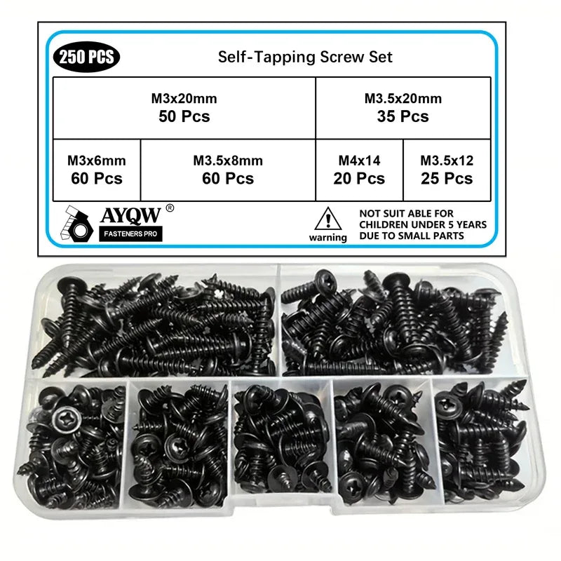 250/340pcs Self-Tapping Screw Set - M3/M4/M3.5/M5 Sizes, Pan Head Phillips Drive, Black Carbon Steel for Wood Furniture
