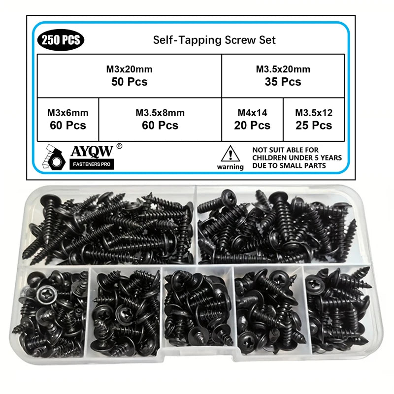 250/340pcs Self-Tapping Screw Set - M3/M4/M3.5/M5 Sizes, Pan Head Phillips Drive, Black Carbon Steel for Wood Furniture