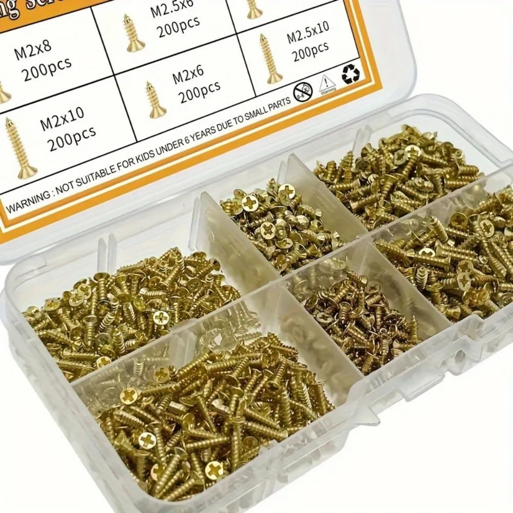 1200pcs 6 Kinds M2 M2.5 Brass Carbon Steel Flat Head Self Tapping Cross Recessed Pan Head Screw Assortment Kit Small Hinge Wood