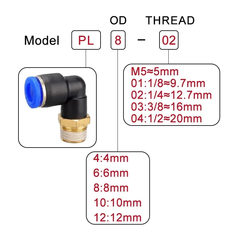5Pcs SL Water Air Hose Pneumatic Air Connector 1/8 "1/4" 3/8 "1/2" Male Thread Elbow Pneumatic Fitting 4/6/8/10/12mm