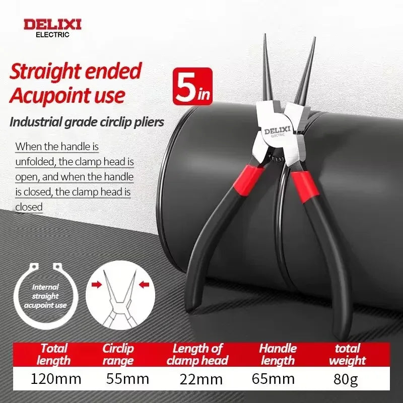 DELIXI ELECTRIC 5-Inch Internal External Circlip Pliers with Non-Slip Handle for Snap Rings, Hoses & Gasket Removal