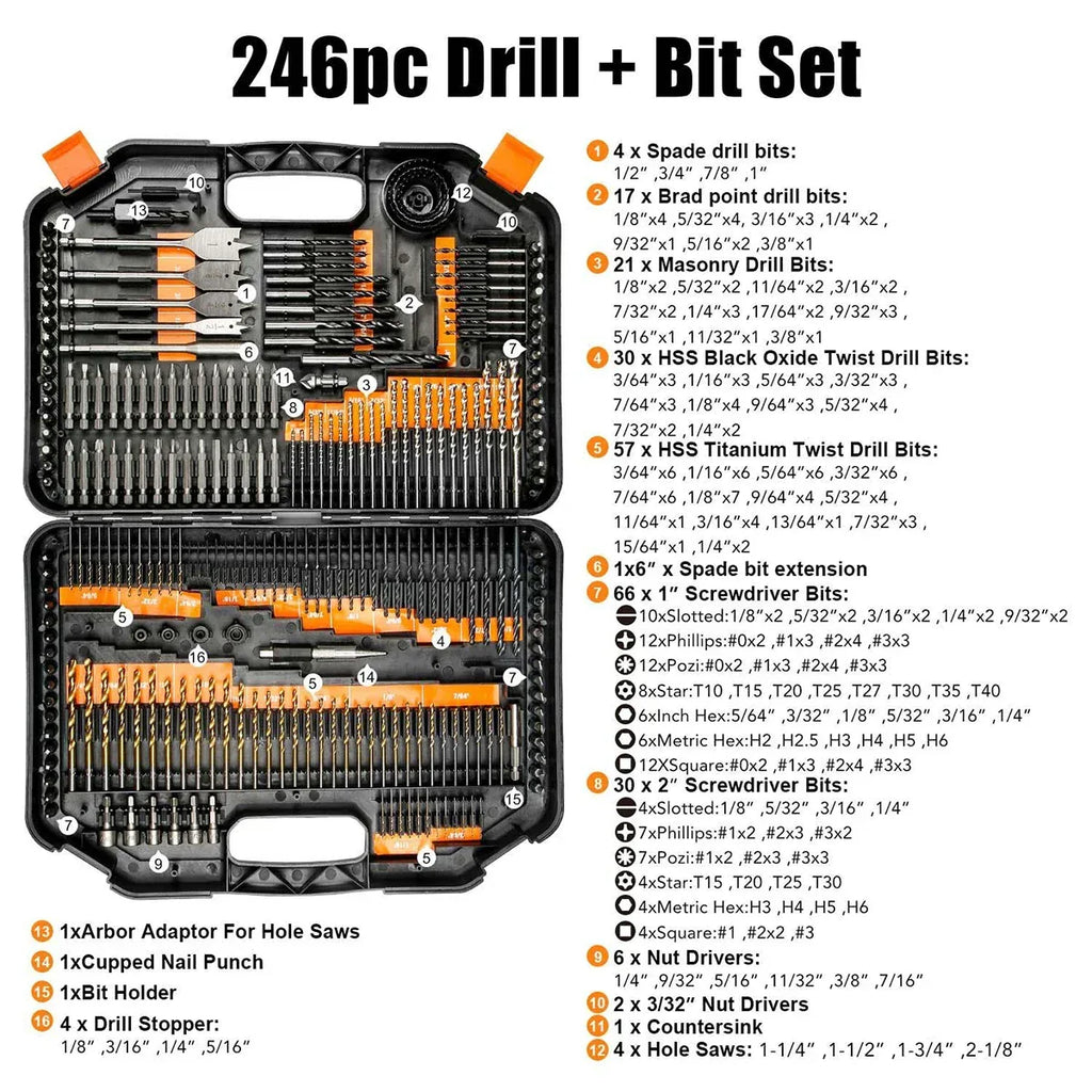 246Pcs HSS Bit combination Tool set Woodworking hole opener Twist drill Cement drill construction drill flat head drill sleeve