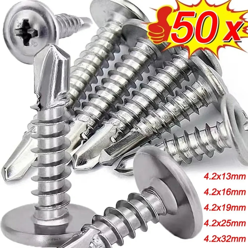 50PCS Stainless Steel Self Tapping Screws Round Washer Cross Phillips Self Drilling Screws Flat Head High-Strength Fasteners