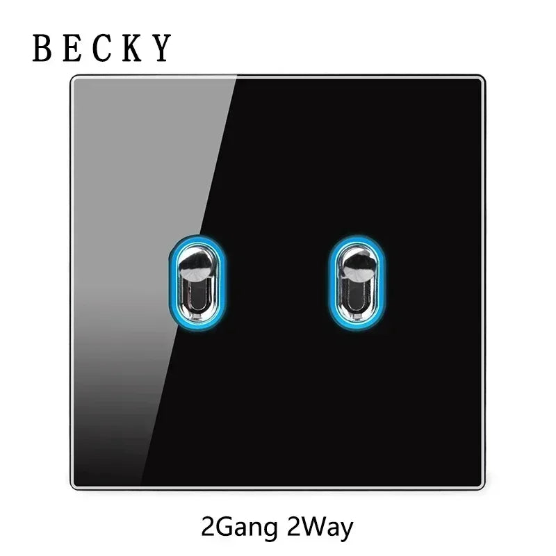 Black Glass Wall Switch & Socket Panel – EU/UK Standard with USB, TV/SAT/Network Ports, Modern Sliding Design