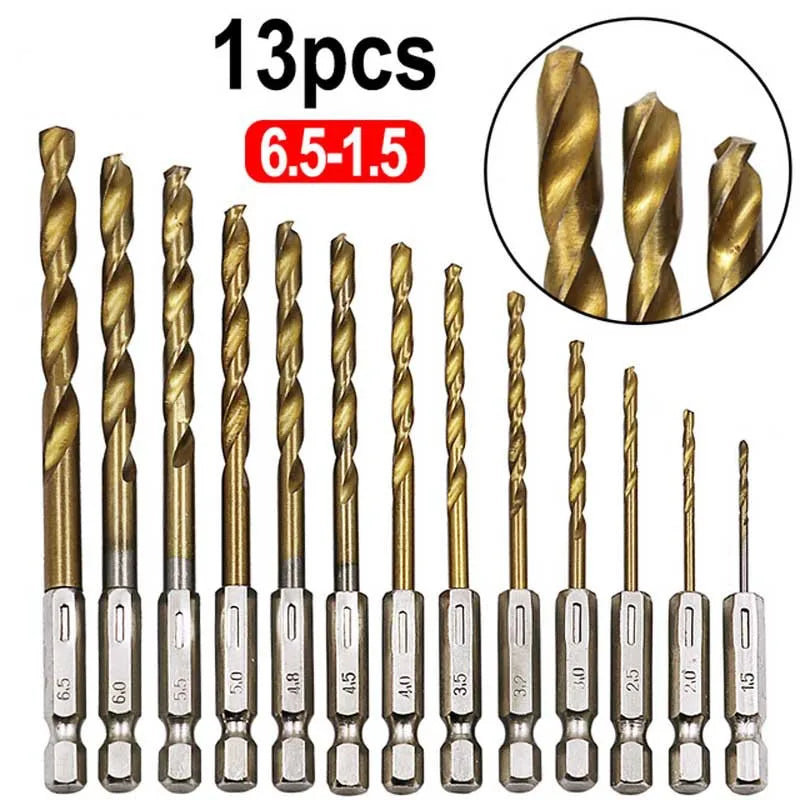13PCS Titanium Hex Shank Twist Drill Bit Set (1.5–6.5mm)