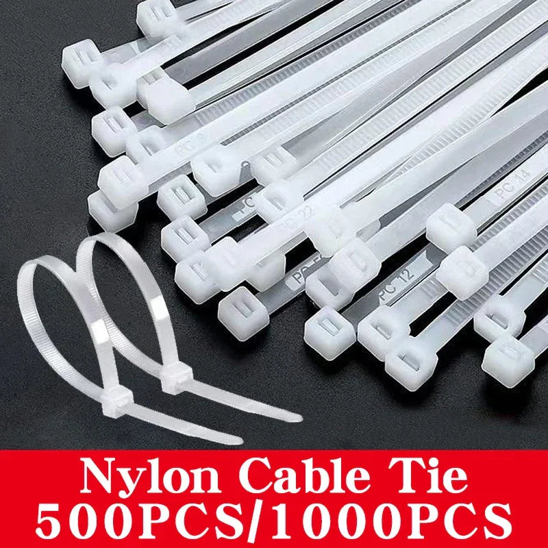 500/1000PCS/bag Self-locking Plastic Nylon Tie White Zip Wraps Strap Nylon Cable Tie Set Fastening Ring Loop Wire Wrap