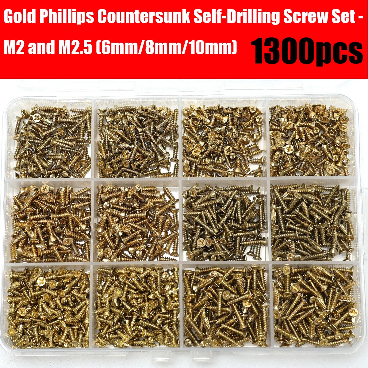 1300pcs-plated Phillips head countersunk self-drilling screws, M2/M2.5 (6mm/8mm/10mm) sizes, suitable for hardware/DIY projects