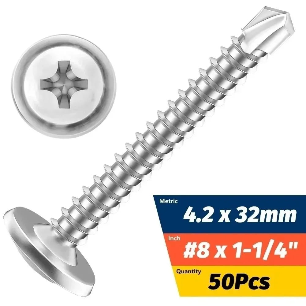 50PCS Stainless Steel Self Tapping Screws Round Washer Cross Phillips Self Drilling Screws Flat Head High-Strength Fasteners