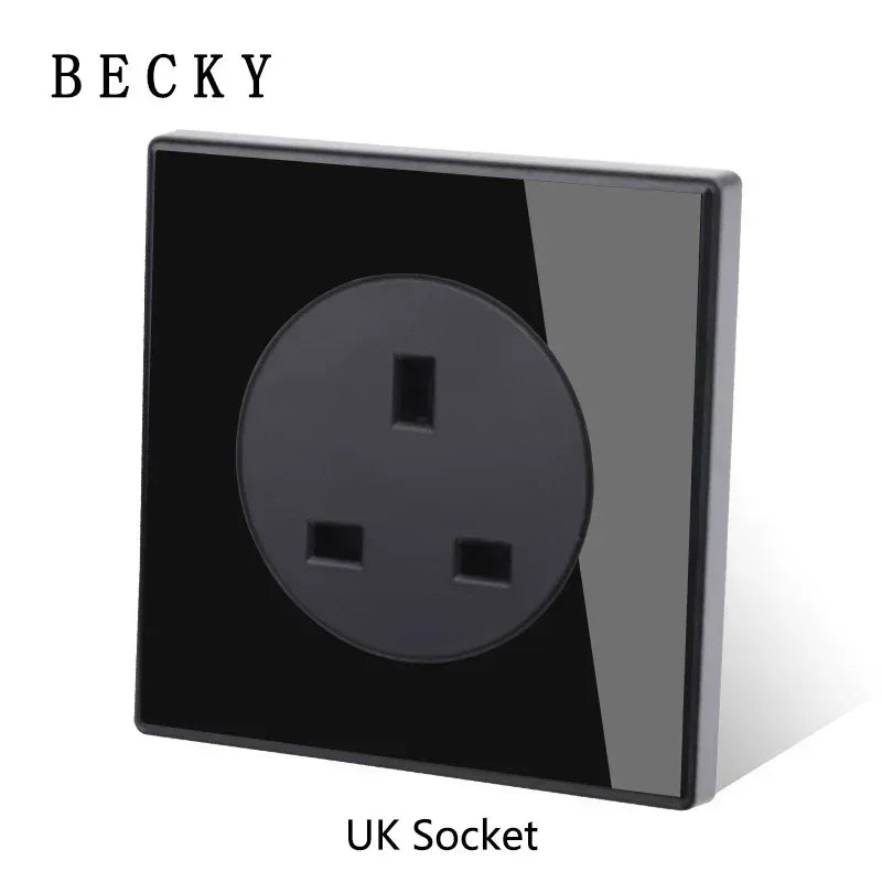 Black Glass Wall Switch & Socket Panel – EU/UK Standard with USB, TV/SAT/Network Ports, Modern Sliding Design
