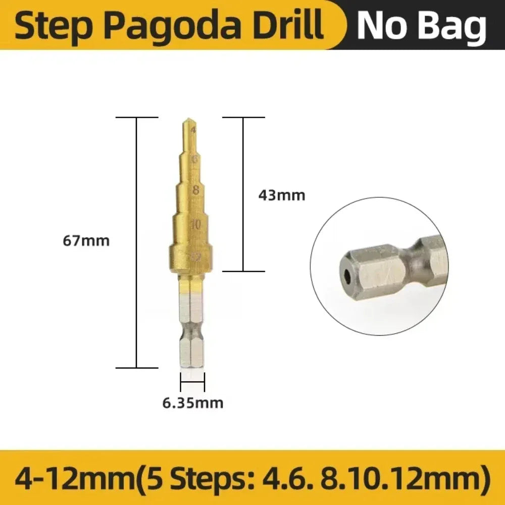 HSS Titanium Step Drill Bit Set – Conical Stepped Drill Bits for Metal, Wood & Plastic