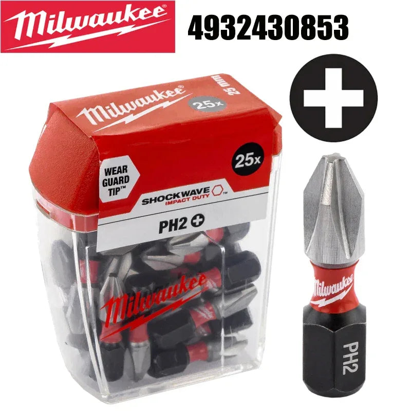 Milwaukee PH2 25mm Impact Bits 25 Pack SHOCKWAVE High Hardness Screwdriver Bits 4932430853