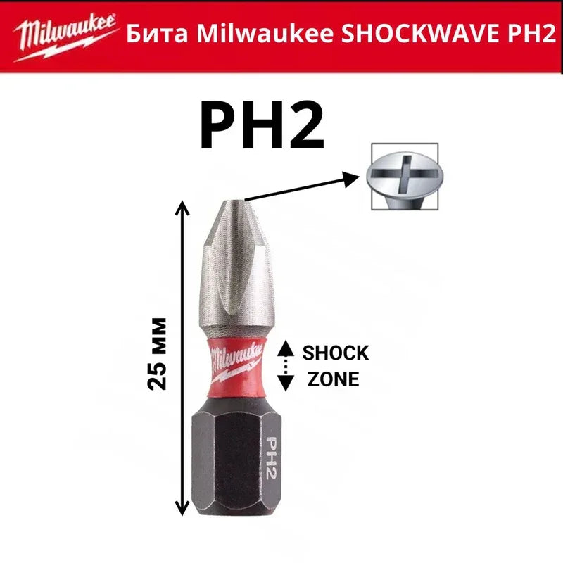Milwaukee PH2 25mm Impact Bits 25 Pack SHOCKWAVE High Hardness Screwdriver Bits 4932430853