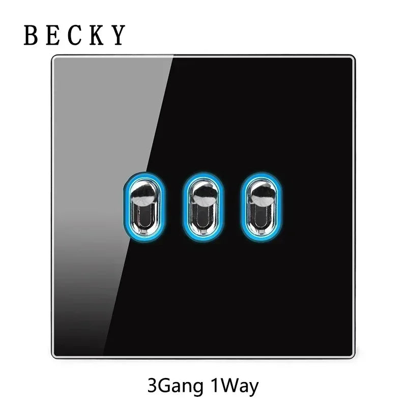 Black Glass Wall Switch & Socket Panel – EU/UK Standard with USB, TV/SAT/Network Ports, Modern Sliding Design