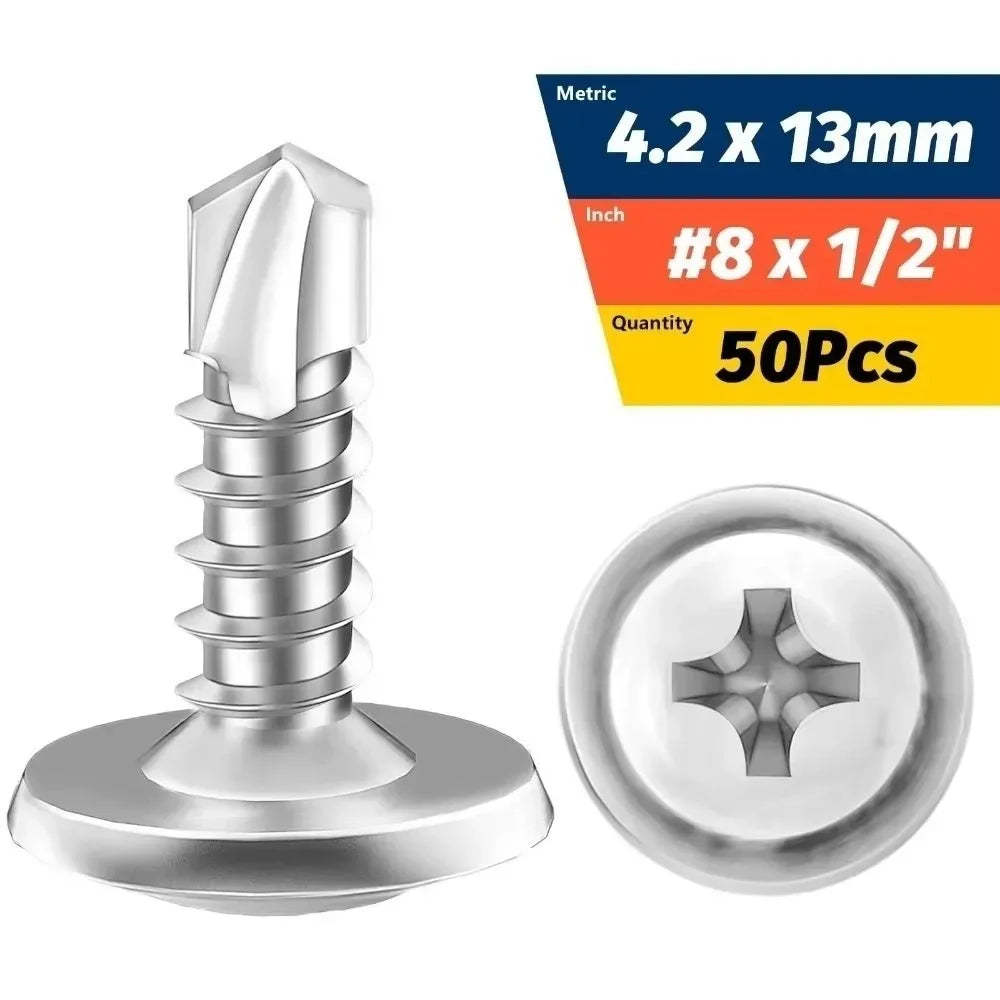 50PCS Stainless Steel Self Tapping Screws Round Washer Cross Phillips Self Drilling Screws Flat Head High-Strength Fasteners