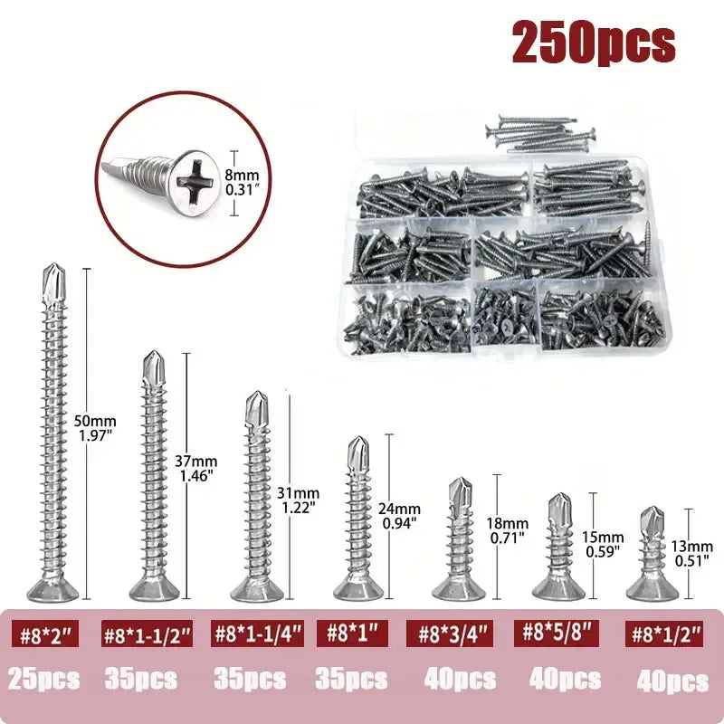 250pcs Stainless Steel Cross Round Head With Pad Self Drilling Self Tapping Screw
