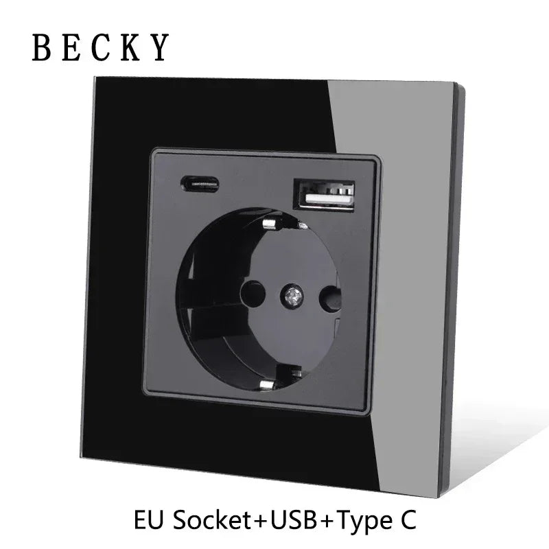 Black Glass Wall Switch & Socket Panel – EU/UK Standard with USB, TV/SAT/Network Ports, Modern Sliding Design