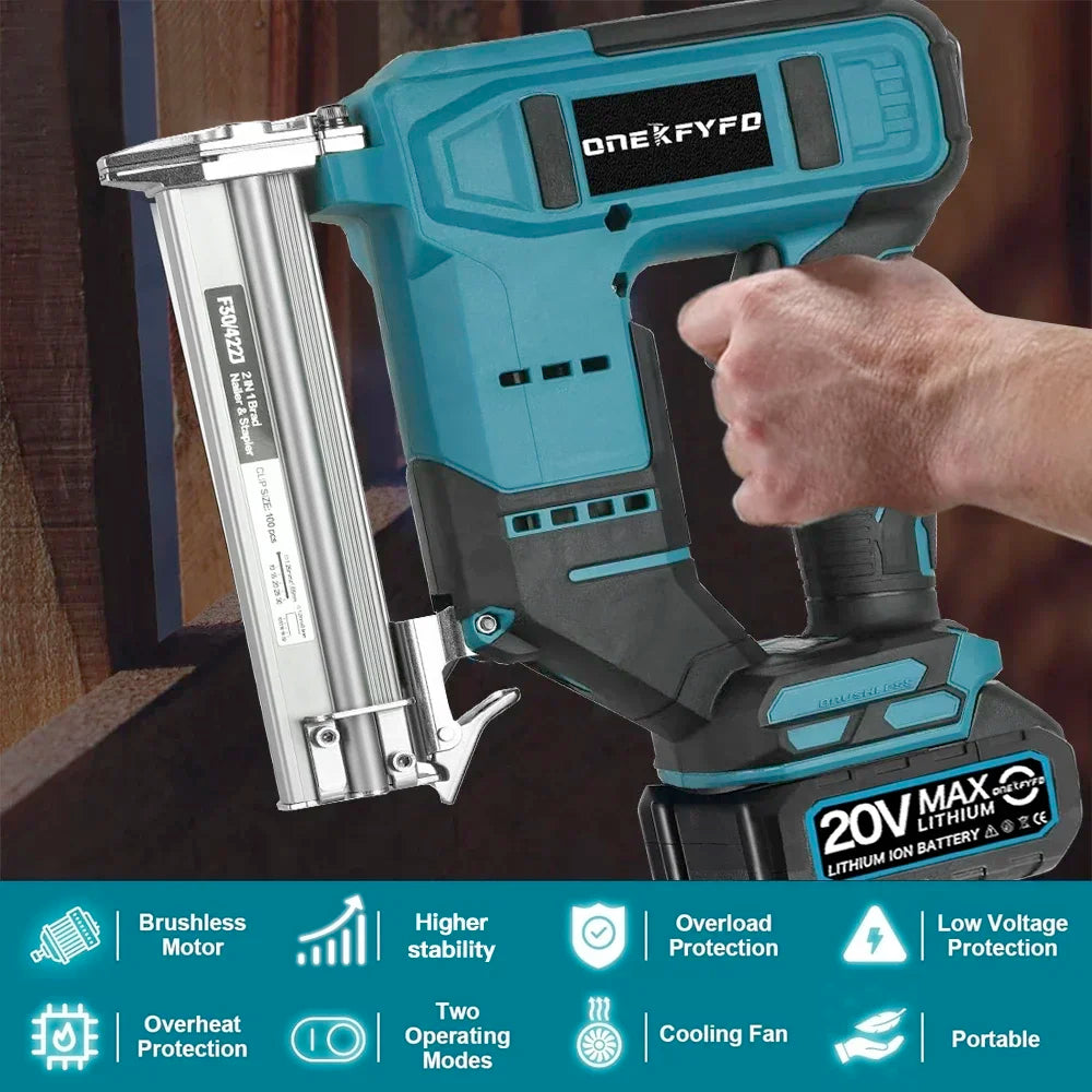2 in 1 Brushless Electric Nail Gun Cordless Nailer Stapler Framing U-shape Nail Woodworking Tools Fit For Makita 18V Battery